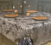 NEW Halloween Black Spider Web Lace Tablecloth Oblong 60” X 84” Easy Clean Eerie