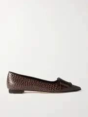 [Manolo Blahnik] Manolo Blahnik - Maysale 10 Buckled Suede-trimmed Croc-effect Leather Point-toe Flats - Brown - IT42 IT 42 Brown