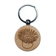 Sea Anemone with Tentacles Mouth Ocean Engraved Wood Round Keychain Tag Charm