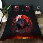 3D Wolf Duvet Cover Set Queen Size, Evening Snowfield Red Moon Wolf Bed Set