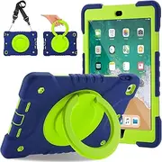 Andnary Case for iPad 6th/5th Generation 9.7 inch 2018/2017 Case, iPad Air 2/Pro 9.7 inch Heavy Duty Protective Cover with Pencil Holder, Shoulder Strap, 360 Rotate Handle Stand, Navy+Green