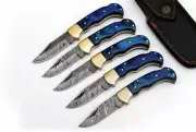 Custom handmade Damascus steel blade folding knife 5 piece lot with leather cove