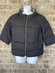 Chico's Sz 0 Zip Up Padded Jacket Black Shimmer Gold Stripes Reversible NWT
