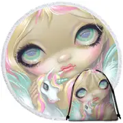 Faces of Faery #178 Big Eyed Pinkish Girl Unicorn Round Beach Towel