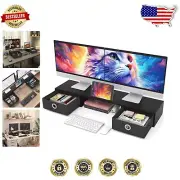 Extra Large Dual Monitor Riser with Slide-Out Drawers for Desktops & Laptops