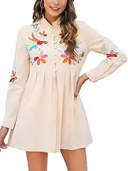 [Vackutliv] Mexican Blouse for Women Embroidered Traditional Floral Long Sleeve Button Down Shirts Cinco de Mayo Fiesta Outfit, Khaki Floral, Small