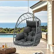 DWVO Egg Chair Without Stand, Basket Chair Hanging Outdoor Rattan Wicker Patio Hammock Indoor Egg Chair with Cushion, Hanging Swing Chair 350lbs for Porch, Garden, Bedroom, Balcony, Gray