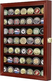 56 Military Challenge Coin Display Case Cabinet Rack Holder, with Door - Mahogany Finish (COIN56-MA)