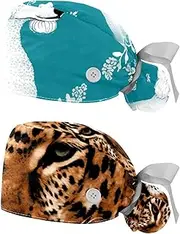[YTYVAGT] 2-Pc,Nurse Scrub Caps,Scrub Hats with Buttons and Cotton Sweatband,Floral Silhouette Dog