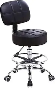KKTONER Swivel Round Rolling Stool PU Leather with Adjustable Foot Rest Height Adjustable Task Work Drafting Chair with Back