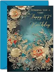 Beautiful Gold 47th Birthday Cards for Women Men - Wonderful Golden Flowers - Elegant Traditional Pretty Birthday Card for 47 Year Old Woman Man Her Him, 5x7 Inch Gorgeous Greeting Cards Gift