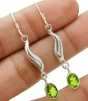 Natural Peridot 925 Solid Sterling Silver Earrings 1 1/2'' Long @B4-1