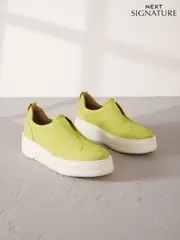 Lime Green Slip On Signature Forever Comfort® Leather Chunky Wedge Platform Trainers (AU3147) | $98