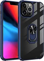 Cavor for iPhone 13 Pro Case,Clear PC Case TPU Bumper Protective Cover 360°Rotation Ring Holder Kickstand [Work with Magnetic Car Mount] (6.1")-Blue