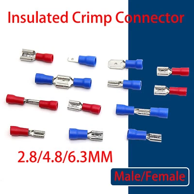 Insulated Spade Electrical Crimp Connector Terminals 2.8/4.8/6.3MM Red Blue