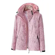 Women Jacket Outdoor Windbreaker Single-layer Waterproof Leaf Print Breathable Long Sleeve Hooded Zipper Pockets Zip Up pink M