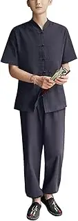 [Generic] Men's Chinese Style 2 Pieces Set Casual Pants Summer Yoga Outfits Solid Color Top Short Sleeve Tang Button Shirt Uniform
