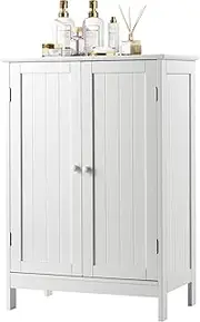 Bathroom Floor Cabinet w/Double Doors, Floor Storage Cabinet w/Shelf, Free Standing Toilet Storage Unit, Laundry Cupboard, Entryway Utility Organizer Cabinet for Bathroom, Kitchen (White)