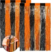 2 Pack 2 Colour Splicing Metallic Tinsel Foil Fringe Curtains, 3.3x8.3 Feet Party Streamer Curtains for Birthday Party Decorations, Halloween Decor, Orange & Black Foil Curtain Backdrop