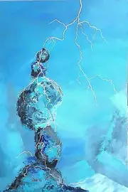 ORIGINAL Canvas Steven Graff's "HOT ROCK" acrylic 30"Hx20"W aqua blue/lightning