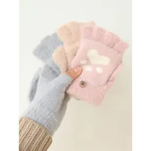 女冬天保暖白粉色針織貓爪手套