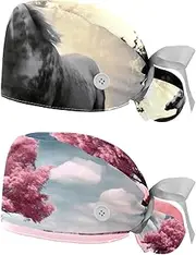 [YTYVAGT] 2-Pc,Nurse Scrub Caps,Scrub Hats with Buttons and Cotton Sweatband,Horse Animal Forest Leaf Pattern