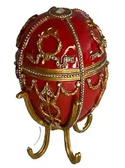 Red Enamel decorated egg with gold scrolls & gold legs Hamilton 4" tall Curio
