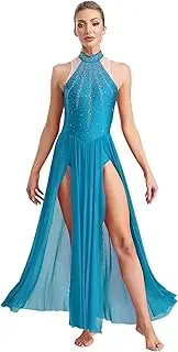 [Manyakai] Women Lyrical Dance Costumes Keyhole Back Flowy Skirt Rhinestones Split Maxi Dress Modern Dancewear
