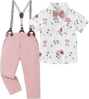 [YUEMION] Toddler Boy Clothes Suit Wedding Outfit Boys Dress Shirt+Bowtie+Suspender Pants, Kids Gentleman Formal Set 2-8 Years, Pink Print, 7-8 Years