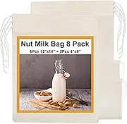 8 Pack Nut Milk Bags - Bojuzhi 100% Unbleached Organic Cotton Cheesecloth Bags for Straining, Nut Bag Strainer for Oat/Almond/Cold Brew Coffee/Yogurt/Juice/Tea, Washable And Reusable