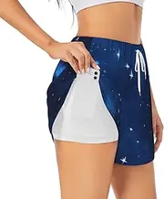 [WURTON] Blue Shining Stars Pattern Print Exercise Gym Workout Shorts Women's Athletic Shorts Dual-Layered Yoga Running Shorts