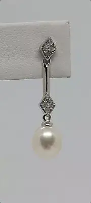 Freshwater 8mm DROP Cultured Pearl White Gold Diamonds Push back Posts Earring
