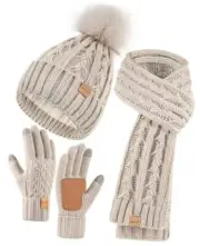 Womens Beanie Hat Scarf Gloves Set, Fleece Lined Winter Hat with Pom Oatmeal