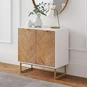 [Nathan James] Enloe Modern Storage Free Standing Accent Cabinet White with Doors in a Rustic Pine Wood Finish and Gold Powder-Coated Metal Base for Hallway, Entryway or Living Room, Brown/White/Gold