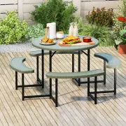 CostwayRound Picnic Table Bench Set Outdoor Circular Picnic Table with 4 Benches-Green