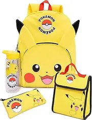 [Pokémon] Pokemon Backpack For Kids | Pikachu Merchandise Girls Boys Pokeball 3D Ears School Rucksack, Pencil Case, Water Bottle