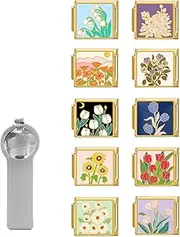 [papasgix] Italian Charm Bracelet Charms Gold Pack Links Bulk with Opening Tool 9mm Italian Charms Flowers Italian Modular Bracelet Links Handmade DIY Jewelry, one, Titanium, no gemstone