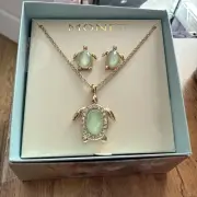 New Monet Beautiful Green Turtle Necklace And Earrings Set Gold Tone NEW w Box