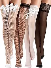 [Bencailor] 4 Pairs Fishnet Thigh High Stocking Silicone Lace Top Sheer Over Knee Stocking Silky Stockings for Women