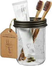 Amolliar Mason Jar Toothbrush Holder- Rustproof Stainless Steel - Holds 2 Toothbrushes and Toothpaste,with Chalkboard Labels - Farmhouse Décor Bathroom Countertop and Vanity Storage Organizer,Bronze