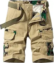 [PHJTOMK] Mens Buckle Zipper Cargo Shorts Loose Fit Multi Pocket Work Short Military Paratrooper Vintage Style Camo Shorts, Khaki, 36