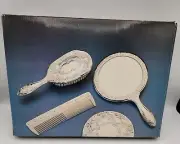 Vintage 3 Pc Vanity Dresser Set Hand Mirror Brush Comb Silver Plated Rose 9"