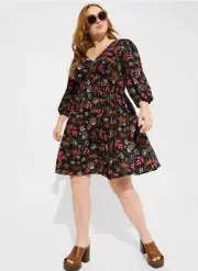 NTW Torrid Mini Rayon Slub Balloon Sleeve Twist Front Dress Black 4X