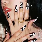 24Pcs Coffin Press on Nails Long Black White Fake Nails with Nail Glue Matte Checkerboard Ballerina False Nails Acrylic Nails Tips Supplies for Women and Girls Nail Decorations