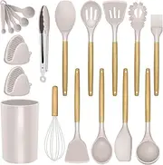 Silicone Kitchen Cooking Utensils Set - Heat Resistant/Non-stick/Non Toxic/BPA Free Silicon Spoons Spatula Whisk Tongs Wooden Handle Kitchen Gadgets Utensil Set with Holder (Khaki)