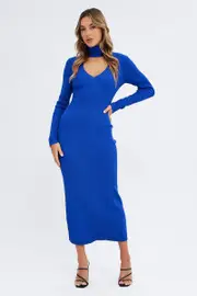 Blue Knit Dress Long Sleeve High Neck Cut Out - Size XS, Women's Knit Dress