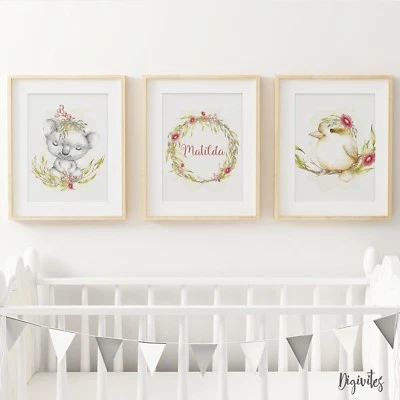 Girl, Boy Nursery Bedroom Wall Art Australia Koala, Kookaburra, Personalised Art