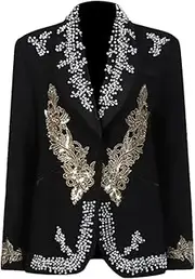 [Zadaos] Women's Casual Blazers Black with Exquisite Silver Gold Embellishments Fashions Suit Jackets Black S(4)