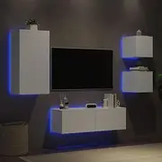 4 Piece Floating TV Wall Cabinets, White Entertainment Unit with RGB LED Lights for Living Room Storage, Media Console for TVs