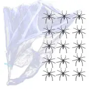 STRETCHABLE SPIDER WEB Spooky Halloween Decoration + 2 Spiders Party Decor Ghost